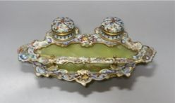 A French onyx and champleve-enamel deskstand, with paper-knife, 27cm wide, together with a similar inkstand